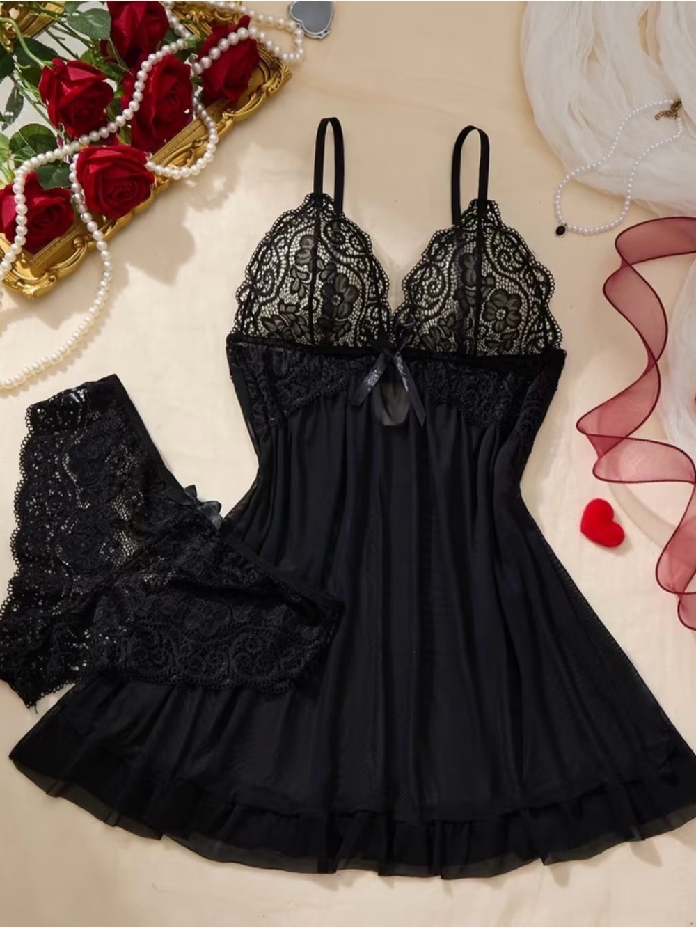 Black Lace Babydoll Chemise Lingerie Set - Elegant Women’s Sleepwear